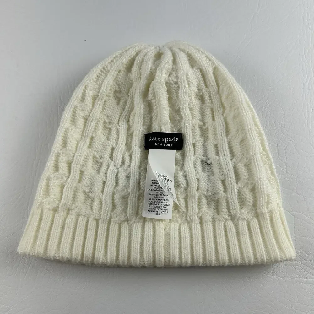 Kate Spade New York Women’s Ivory Cable Knit Beanie Black Bow Cuffed Hat